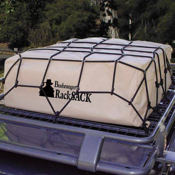 Rooftop cargo bag secured with a durable net, labeled as "Bushranger RackSack"