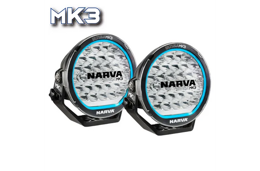 Two Narva MK3 spotlights with blue accents and reflective surfaces.