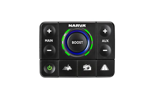 Narva control panel with boost dial, labeled buttons, and LED accents.