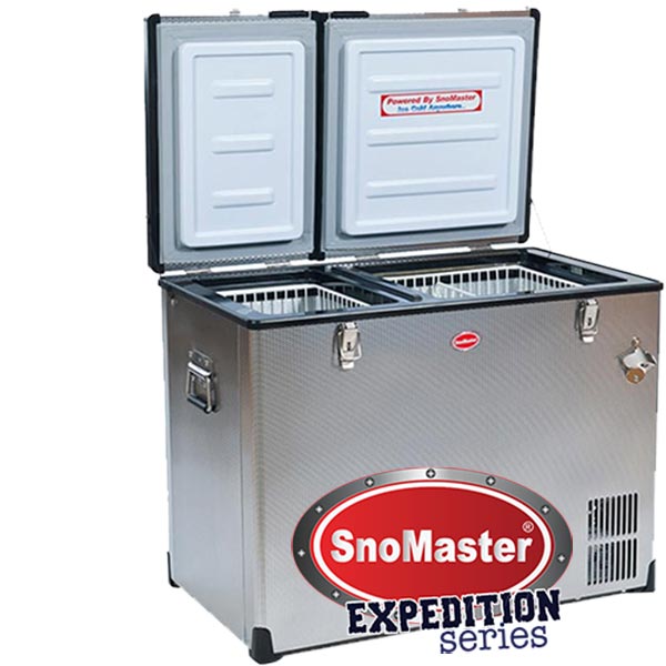 Stainless steel SnoMaster cooler, dual compartments, open lids showing storage.