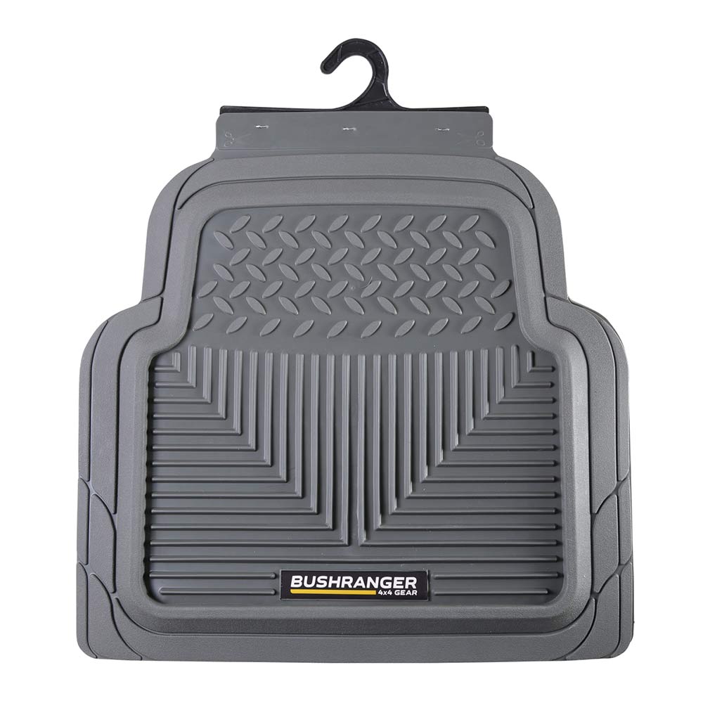 Gray car floor mat with textured pattern, "Bushranger 4x4 Gear" on hanger.