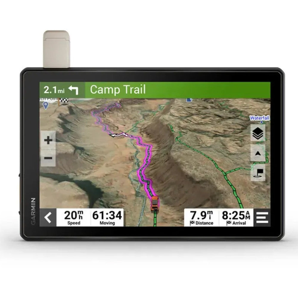 GPS with topographic map, trails, speed, distance, arrival time displayed.