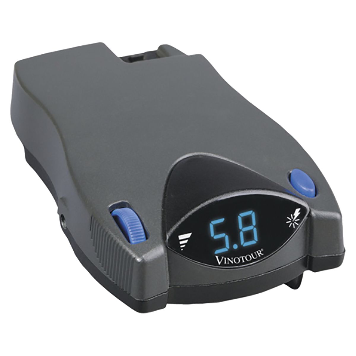 Digital tire gauge, black-gray body, blue display showing "5.8," "VINOTOUR" label.