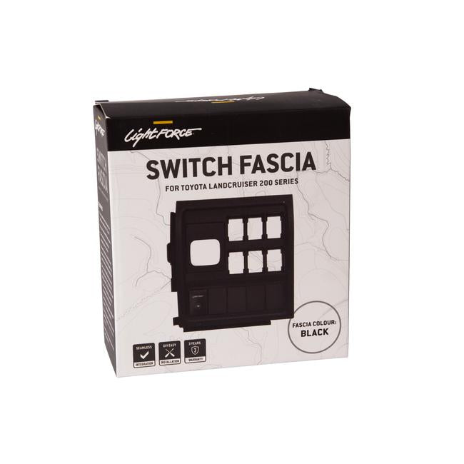 Lightforce Switch Fascia for Toyota Landcruiser, black and white packaging.