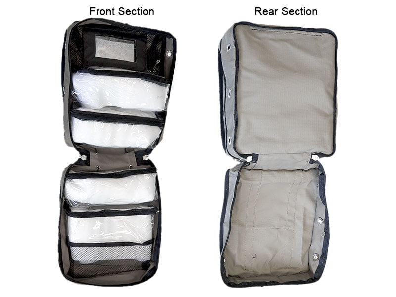 A deluxe shower bag with front and rear sections.