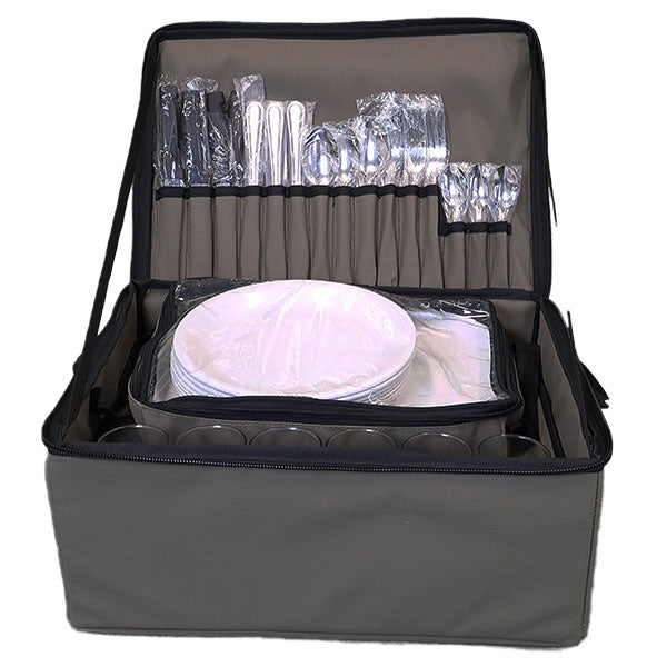 Gray case with organized silverware, plastic-wrapped utensils, and plates.