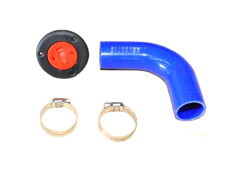 Blue silicone hose, red-black valve, and two metal clamps on white background.