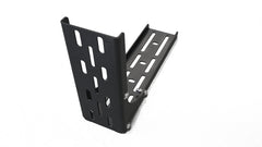 Black L-shaped metal bracket with slots and holes for mounting support.