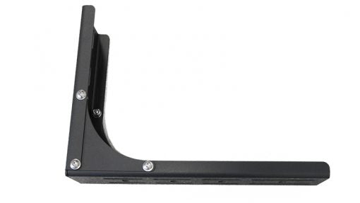 Black L-shaped metal bracket with slots and holes for mounting support.