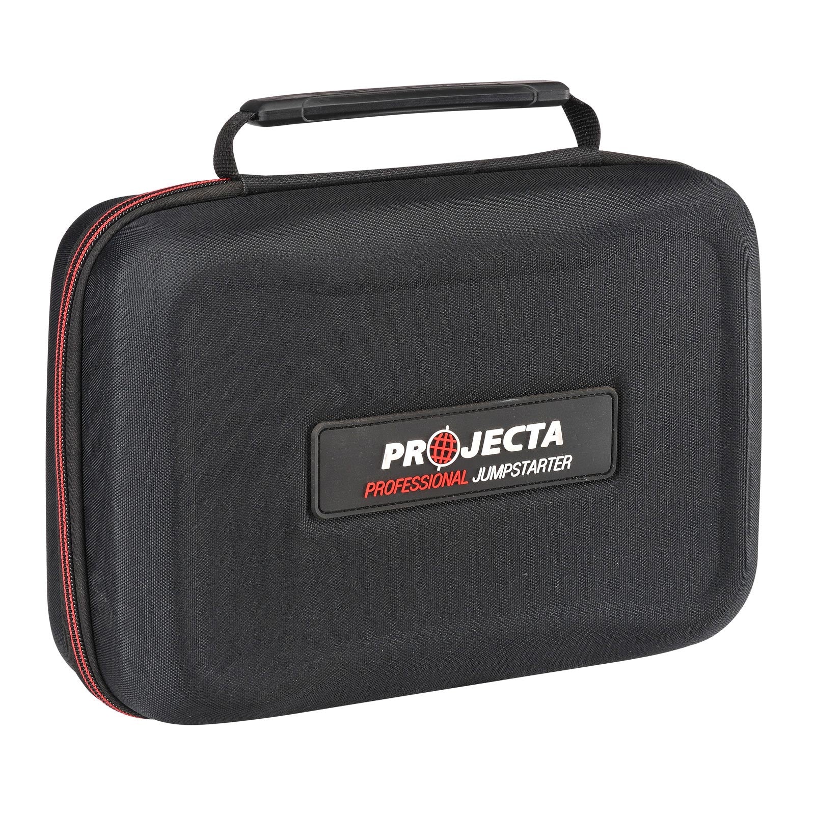 A black, zippered carry case with a handle, featuring the "Projecta Professional Jumpstarter" logo on the front. The case is designed for storing and transporting the portable jump starter kit securely.