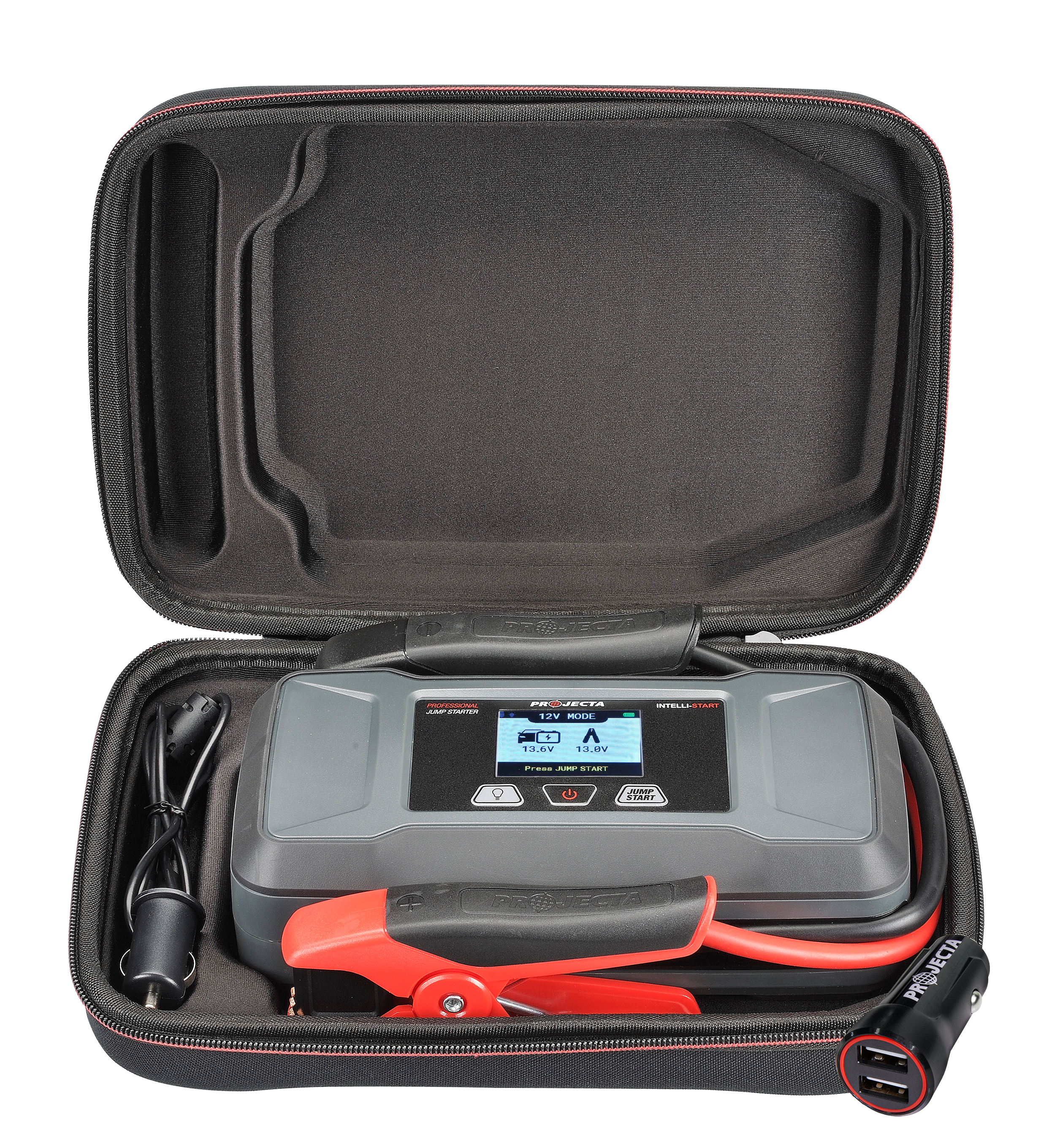 A portable car jump starter kit in a zippered hard case, featuring a digital screen displaying "12V MODE" and battery voltage readings, along with red and black jumper cables, a USB adaptor, and a power cord neatly organised in moulded compartments.