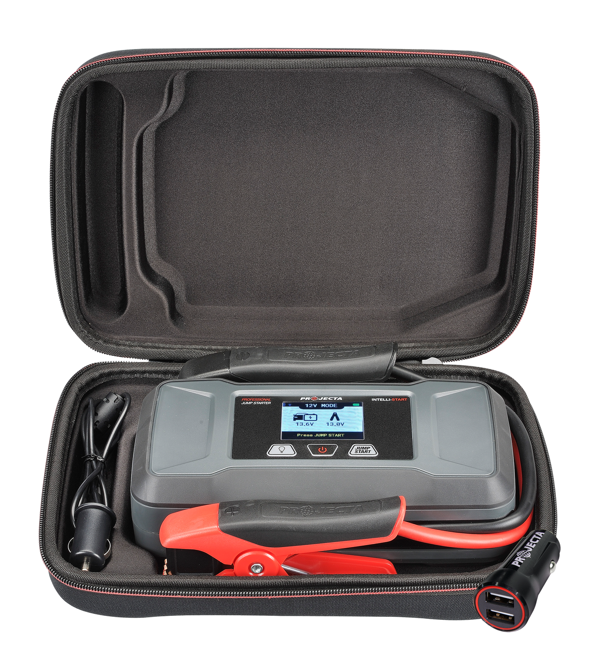 A portable car jump starter kit in a zippered hard case, featuring a digital screen displaying "12V MODE" and battery voltage readings, along with red and black jumper cables, a USB adaptor, and a power cord neatly organised in moulded compartments.
