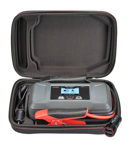 A portable car jump starter kit in a zippered hard case, featuring a digital screen displaying "12V MODE" and battery voltage readings, along with red and black jumper cables, a USB adaptor, and a power cord neatly organised in moulded compartments.