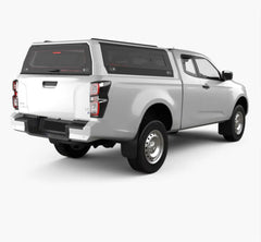 White pickup truck with black canopy, rear three-quarter view, white background.