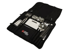 Camping utensil set with knives, spoons, tongs, and cutting board in a pouch.