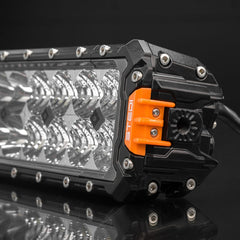 Mounted LED light bar with two rows of rectangular lights, black background.