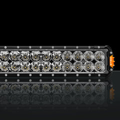 Mounted LED light bar with two rows of rectangular lights, black background.