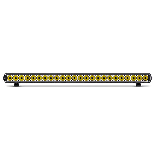 Straight light bar with yellow LEDs in a row, mounted on two black brackets.