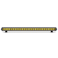 Straight light bar with yellow LEDs in a row, mounted on two black brackets.