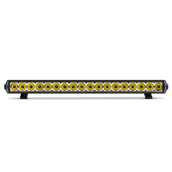 Straight light bar with yellow LEDs in a row, mounted on two black brackets.