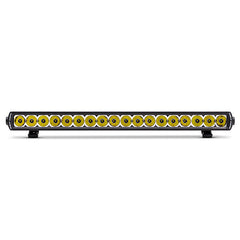 Straight light bar with yellow LEDs in a row, mounted on two black brackets.