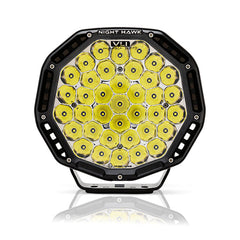 Circular multi-LED light with black frame, "Night Hawk" label, honeycomb design.