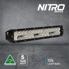 Nitro Maxx 155 light bar with Australian Made, 5-year warranty, features icons.