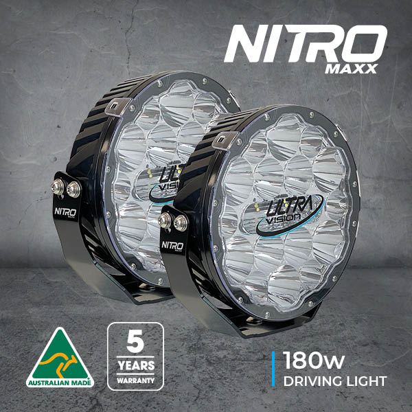 Two Nitro Maxx 180w driving lights with Ultra Vision branding, 5-year warranty.