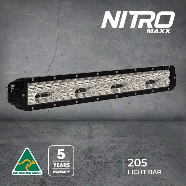 Nitro Maxx 205 light bar on grey background, Australian made, 5-year warranty.