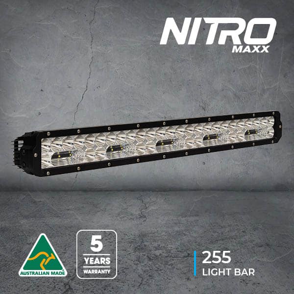 White Nitro Maxx 255 light bar, black frame, 5-year warranty, Australian Made.