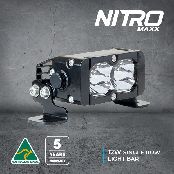 Nitro Maxx 12W light bar with dual lenses, black casing, 5-year warranty.