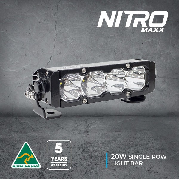 Nitro Maxx 20W light bar, four LEDs, Australian Made, 5-year warranty.