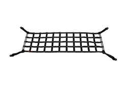 Black and white cargo net with multiple hooks and attachment points.