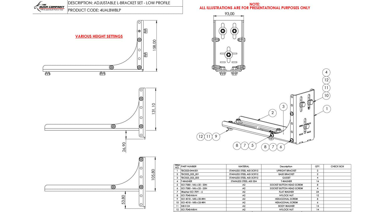 Adjustable L-bracket diagram, height settings, dimensions, parts list.