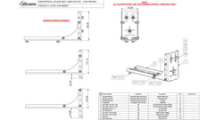 Adjustable L-bracket diagram, height settings, dimensions, parts list.