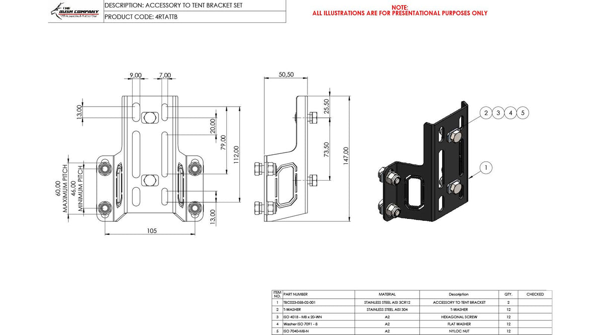 Accessory kit bracket diagram, dimensions, part details, assembly instructions.