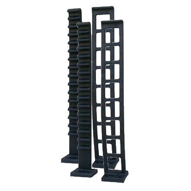 Three black plastic cable racks of varying designs standing upright.