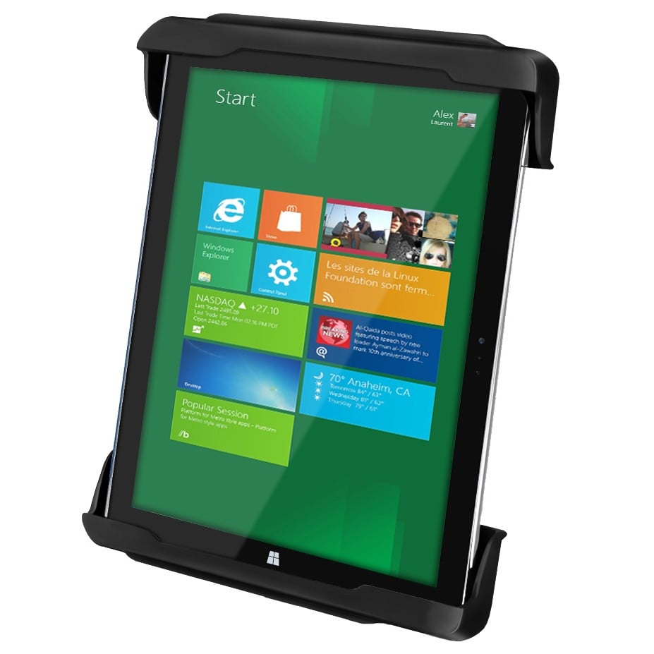 Tablet displaying Windows 8 start screen, protective black case.