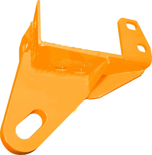 Orange bracket with large bolt hole, two smaller holes, angled flange.