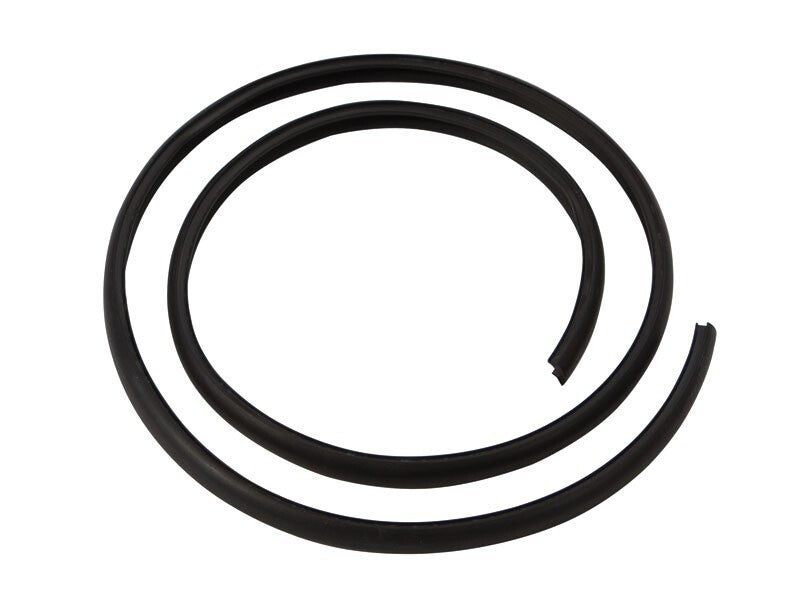 Coiled black rubber hose with cut end on white background.