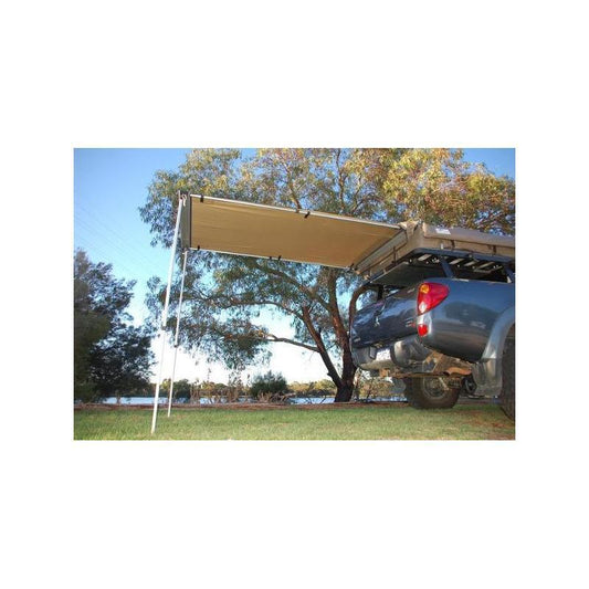 Vehicle-mounted awning providing shade, ideal for outdoor camping trips