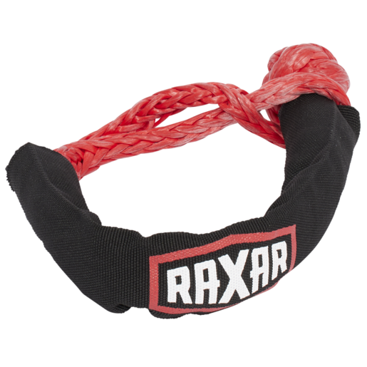 Red rope with black cover and RAXAR logo for towing.