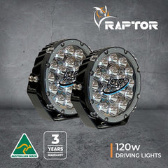 Two Raptor 120W driving lights with "3 years warranty" and Australian Made badge.