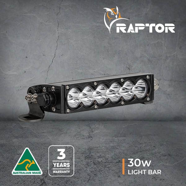 30W light bar with six LED bulbs, Australian Made, 3-year warranty, Raptor logo.