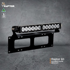 Raptor 60 LED light bar on black bracket, stone wall background, 3-year warranty.