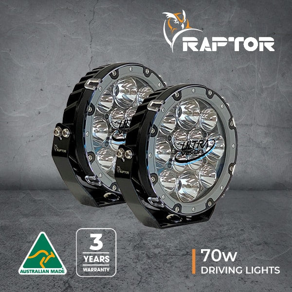 Two Raptor 70w driving lights, Australian Made logo, "3 Years Warranty" badge.