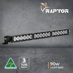 90W Raptor light bar on grey background, Australian made, 3-year warranty.