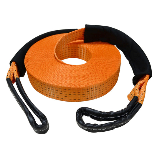 Orange recovery tow strap, black reinforced loops, coiled neatly. 1600