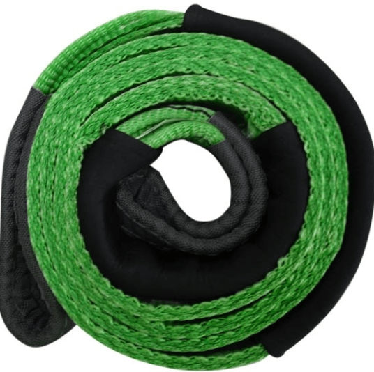 Coiled green and black textured tow strap, neatly rolled.