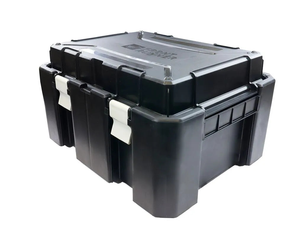 Black heavy-duty plastic storage container with secure latches, rugged design.